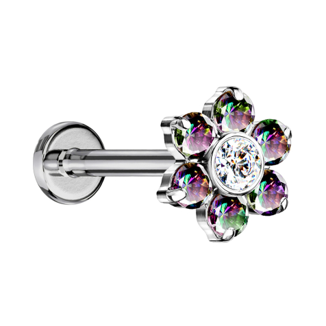 Micro Threadless Labret Silver Flower Crystals Dark Multicolor