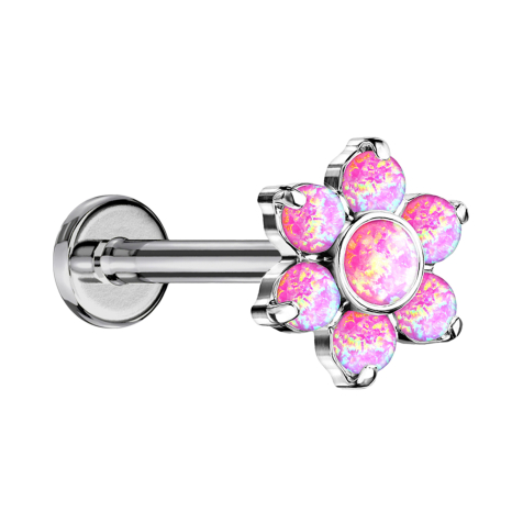 Micro Threadless Labret Silver Flower Opal Pink