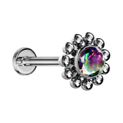 Micro Threadless Labret Silver Ball Flower Crystal Dark...