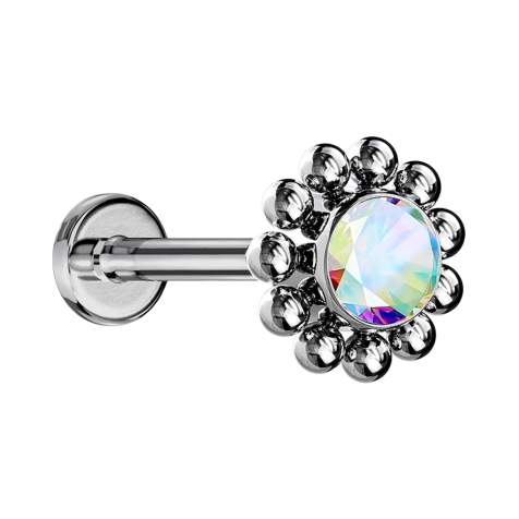 Micro Threadless Labret silver ball flower crystal multicolor