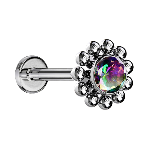 Micro Threadless Labret Silver Ball Flower Crystal Dark Multicolor