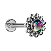 Micro Threadless Labret Silver Ball Flower Crystal Dark...