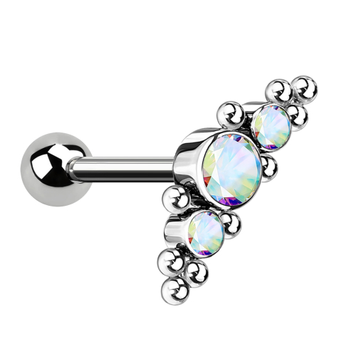Micro Threadless Barbell argento con sfera e al centro con sfere e tre cristalli multicolori