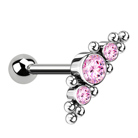 Micro Threadless Barbell silver with ball and center with balls and three crystals pink