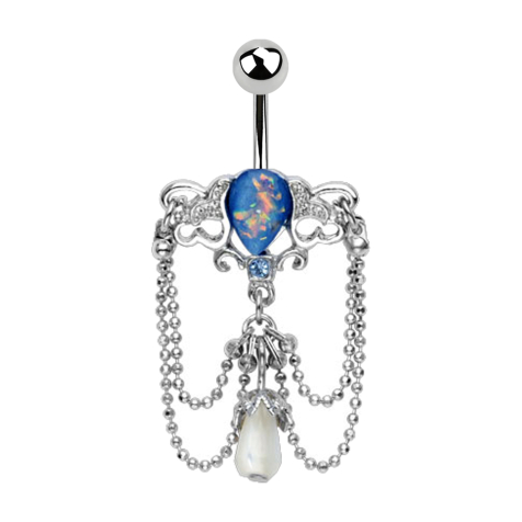Banane argentée avec boule et opale bleue Pendentif Vintage Chaîne de lustre