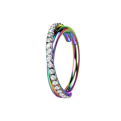 Micro segment ring hinged colored crossed sideways crystals silver