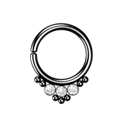 Anello micro piercing perline nere e tre cristalli