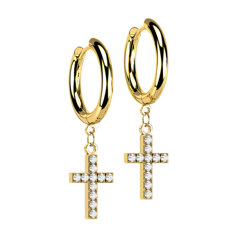 Gold-plated earring pendant cross with crystals