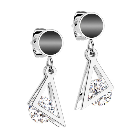 Stud earrings silver enameled circle pendant triangle with crystal