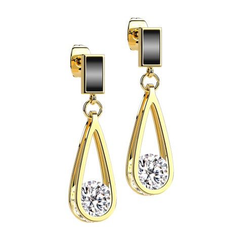 Ohrstecker vergoldet emaillierter Rechteck Anhänger Träne mit Kristall