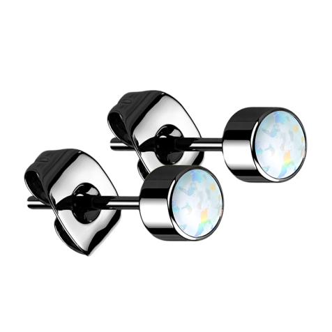 Black cylinder stud earrings with white opal