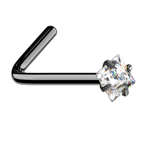 Nose stud angled black square crystal silver set