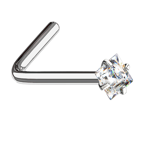 Angled nose stud, silver, square crystal set in silver