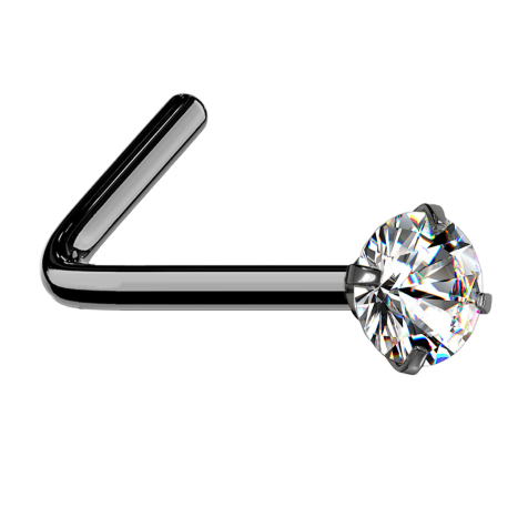 Clou nasal coudé noir cristal rond serti dargent