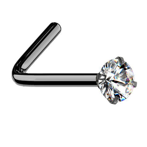 Nose stud angled black round crystal silver set