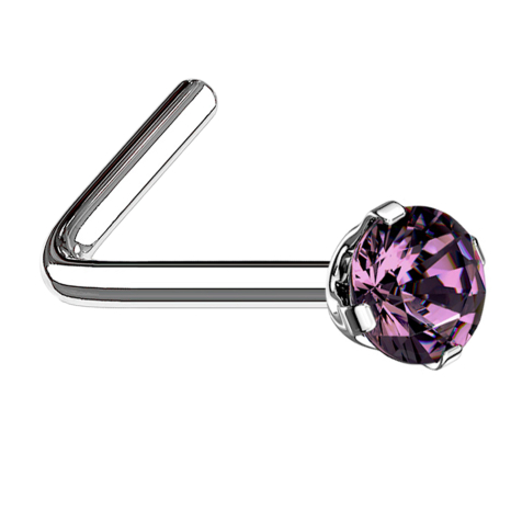 Nose stud angled silver round crystal set in violet
