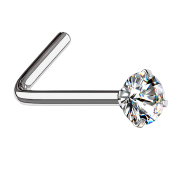 Angled nose stud, silver, round crystal set in silver
