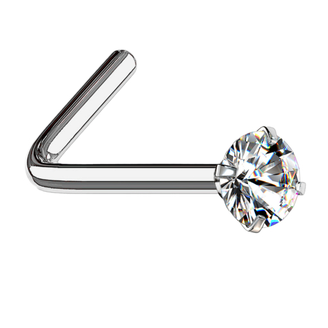 Angled nose stud, silver, round crystal, silver setting