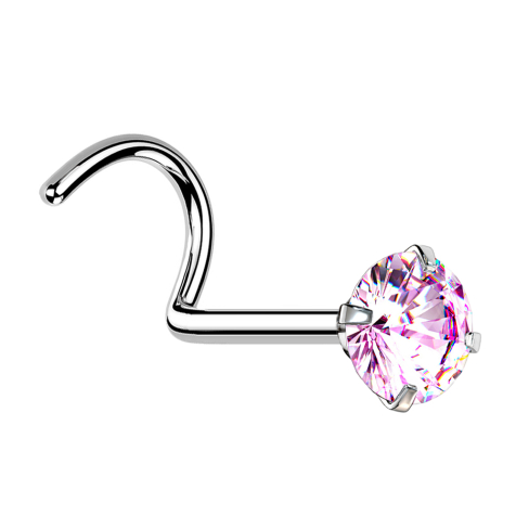 Perno nasale curvo in argento con cristallo rotondo rosa incastonato