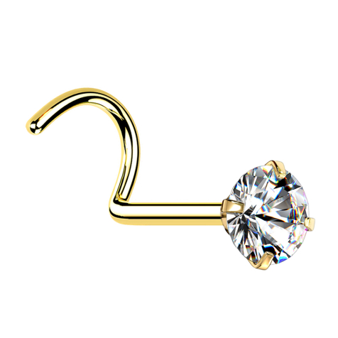 Clou nasal courbé doré cristal rond serti dargent