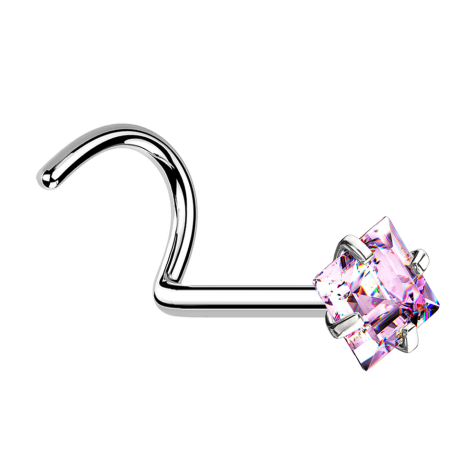 Nose stud curved silver square crystal pink set