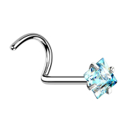 Nose stud curved silver square crystal aqua set