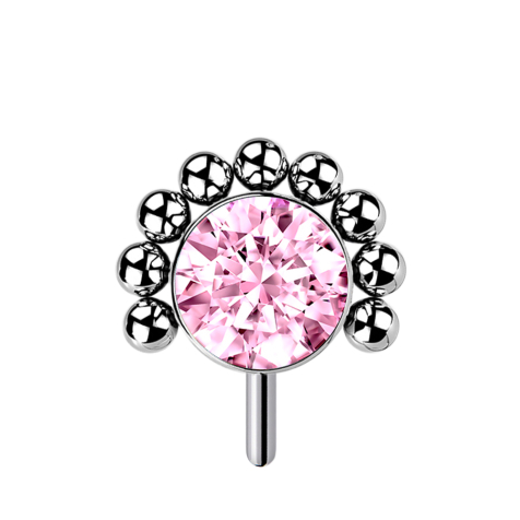 Threadless silver front ball half flower crystal pink