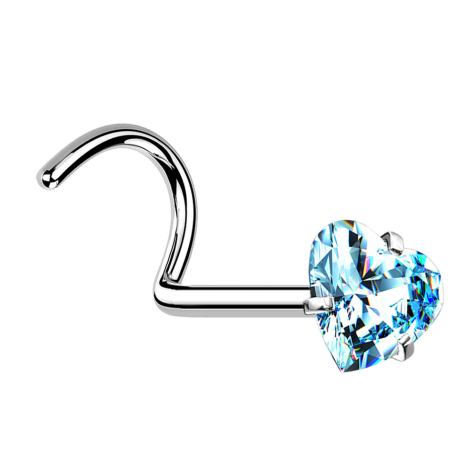Nose stud bent silver crystal heart aqua set