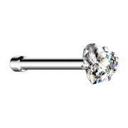 Nose stud straight silver crystal heart set in silver