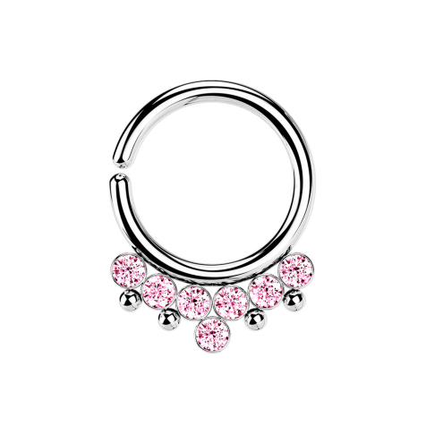 Micro Piercing Ring silber vier Kugeln und sieben Kristalle pink