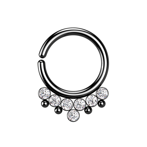 Micro Piercing Ring schwarz vier Kugeln und sieben Kristalle silber