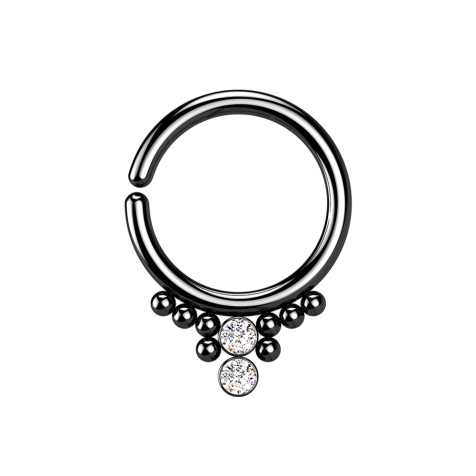 Micro piercing ring black eight balls and two crystals silver