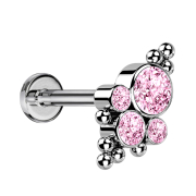 Micro Threadless Labret silver beads four crystals pink