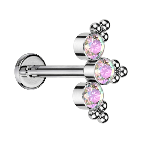Micro Threadless Labret silber dreiecks Kugeln drei Kristalle multicolor