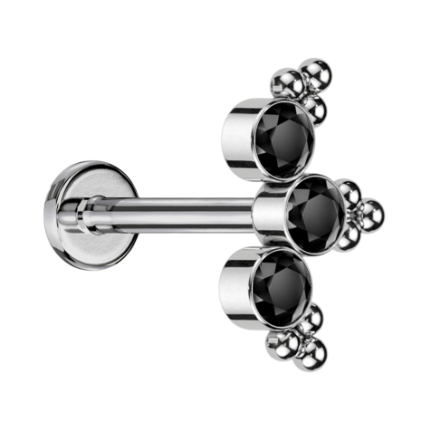 Micro Threadless Labret argento sfere triangolari tre cristalli neri