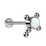 Micro Threadless Labret silber Kreuz Kugeln Opal weiss