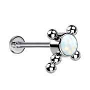 Micro threadless labret silver cross beads opal white
