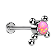 Micro threadless labret silver cross beads opal pink