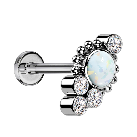 Micro threadless labret silver beads four crystals silver opal white