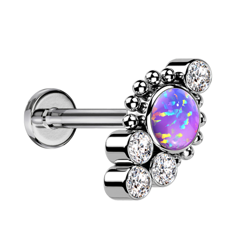 Micro threadless labret silver beads four crystals silver opal violet