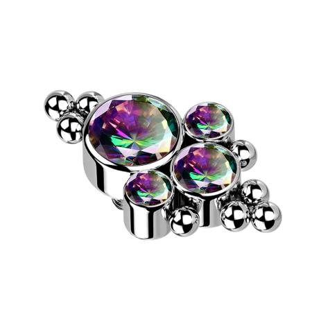 Dermal Anchor silber acht Kugeln und vier Kristalle dunkel multicolor