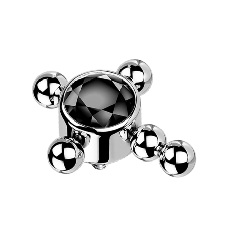 Ancrage cutané argenté, croix et boules en cristal noir