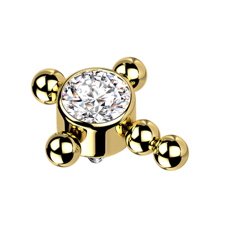 Anello dermico placcato oro con croce, sfere e cristalli argentati