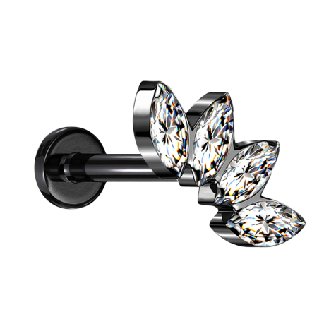 Micro Labret filettatura interna nera ventaglio con quattro cristalli argento