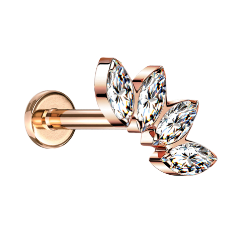 Micro Labret Internal Thread Rosegold Fan with Four Crystals Silver