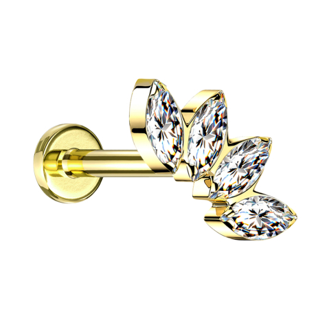 Micro Labret Internal Thread Gold-Plated Fan with Four Crystals Silver