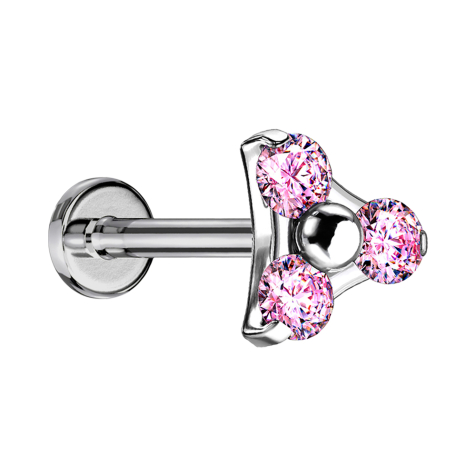 Micro labret filetage intérieur argent triangle trois cristaux rose