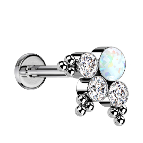 Micro Labret Internal Thread Silver Balls Triangle Three Crystals Silver Opal White