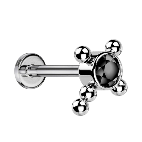 Micro Labret filettatura interna argento croce sfere cristallo nero