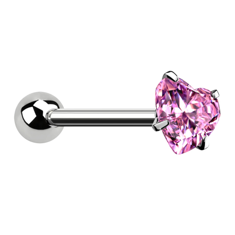 Barbell silver with ball and crystal heart set in pink